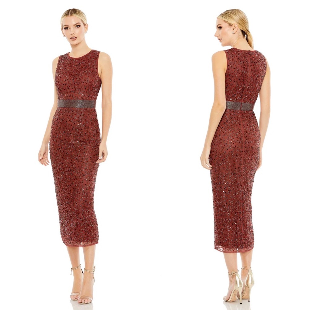 NEW NWT Mac Duggal Geometric Embellished Sleeveless A Line Dress In Brick